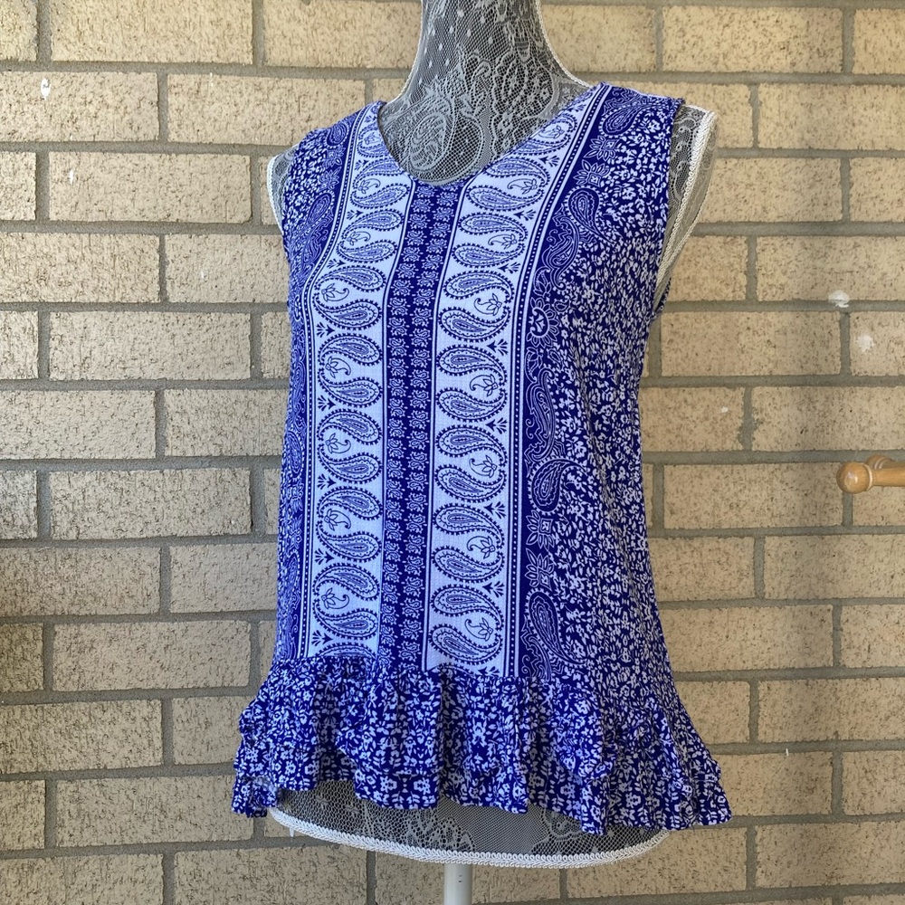 White Blue Bandana Print Paisley Pattern Tiered Ruffle Floral Peplum Tank Top
